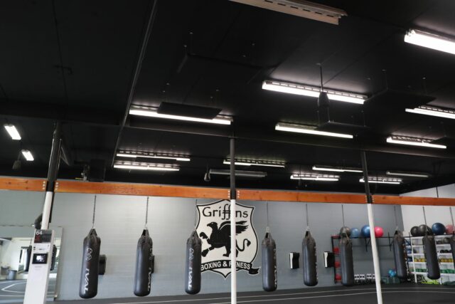 Gym with multiple boxing bags along wall and black acoustic panels on ceiling.