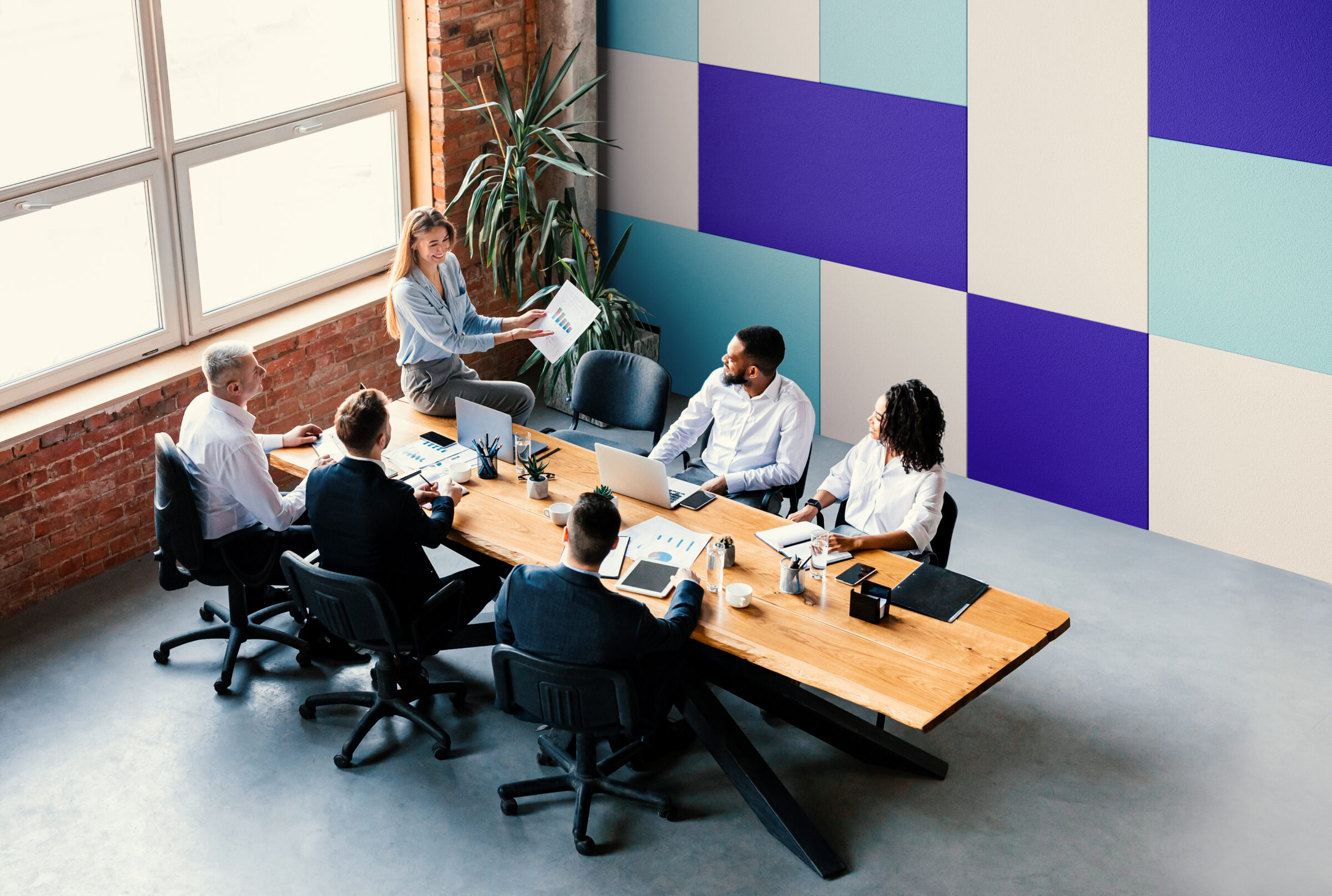 Long Banner With Successful Business Team Having Meeting In Office