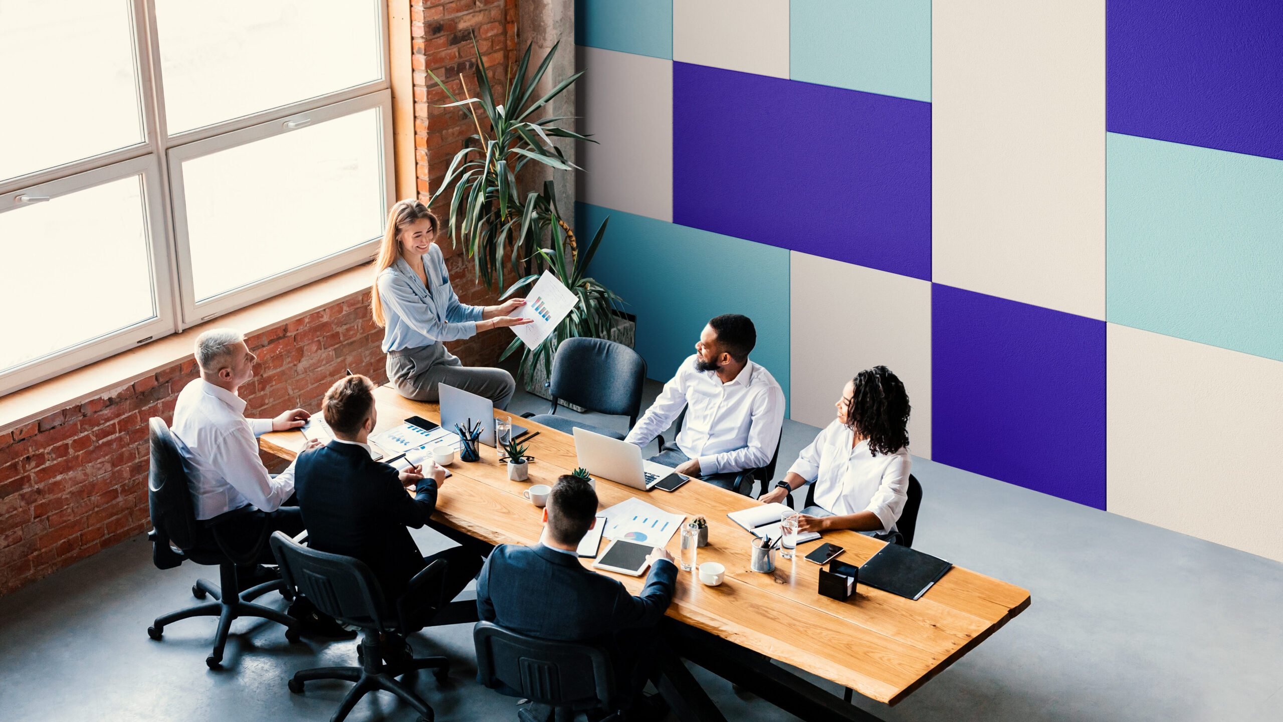 Long Banner With Successful Business Team Having Meeting In Office